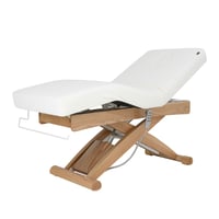 Elektrische Massageliege Cyx+: drei Motoren, SuperSoft-Matratze, weißer PU-Bezug und Naturholz-Finish Elektrische Massageliege Cyx+: drei Motoren, SuperSoft-Matratze, weißer PU-Bezug und Naturholz-Finish