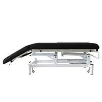 Kinefis Quality, zweiteilige hydraulische Behandlungsliege (schwarz bezogen): Mit einziehbaren Rollen, verstellbarer Rückenlehne mit Gasdruckfeder, hochstabilem weißen Gestell – Letztes Exemplar auf Lager