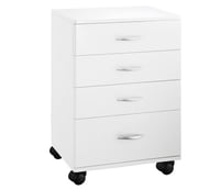 Handlicher weißer Holzwagen: Ausgestattet mit vier Schubladen und vier Rädern für mehr Mobilität