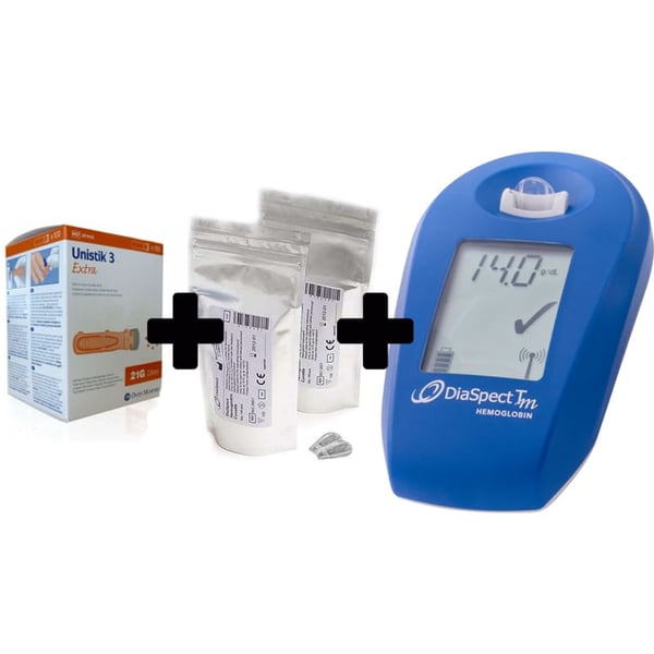 DiaSpect™ Starter Pack – Tragbarer Hämoglobin-Analysator, 100 Küvetten und 100 Unistik 21G-Lanzetten
