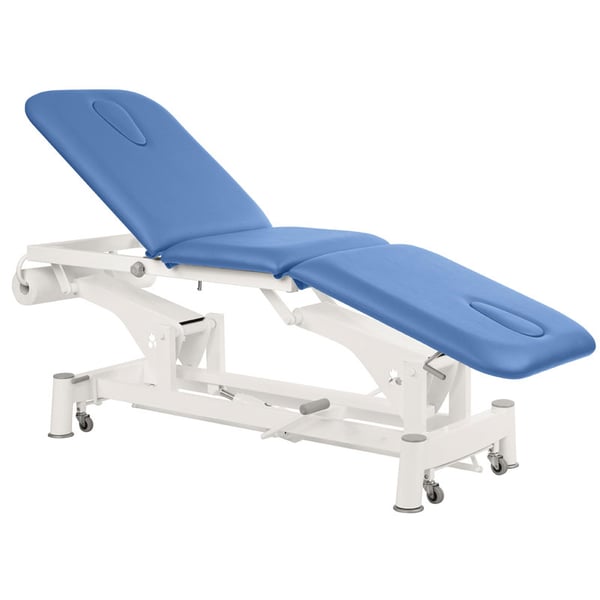 Ökoposturale hydraulische Trage: drei Körper, mit weißer Verbindungsstangenstruktur und Stahlbeinen (62 x 198 cm)