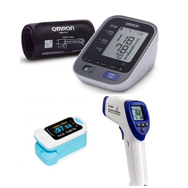 Erste medizinische Sparpaket-Diagnose: Omron M7 Intelli Tensiometer + berührungsloses Thermometer + Finger-Pulsoximeter