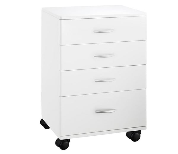 Handlicher weißer Holzwagen: Ausgestattet mit vier Schubladen und vier Rädern für mehr Mobilität