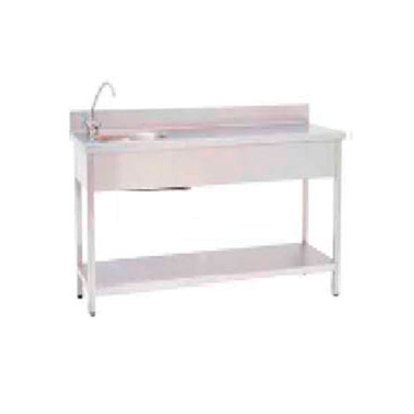 Arbeitstisch aus Edelstahl: zwei glatte Oberflächen, Nivellierfüße und ein Eimer. Ohne Wasserhahn (150 x 60 x 85 cm)