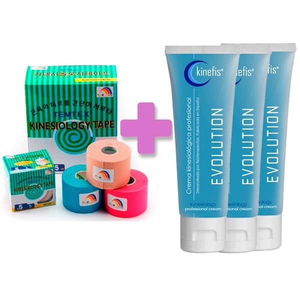 TEMTEX BANDAGE PACK ANGEBOT: 6 Rollen neuromuskuläre Bandage Temtex Kinesiology Tape 5cm X 5m + 3 Kinefis Evolution Cremes 200 cc