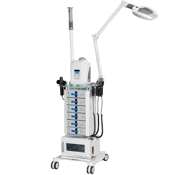 Multifunktionaler Beauty-Tower: Ausgestattet mit Trolley + Steamer + Lupenlampe + Handtuchwärmer