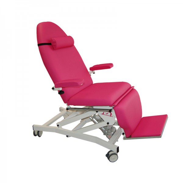 Elektrischer Stuhl für Hämodialyse und Chemotherapie: vier Körper, mit drei Motoren für Höhe, Rückenlehne, Fußteil und Trendelenburg-Verstellung. Beinhaltet Arme, Nackenkissen und medizinische Räder
