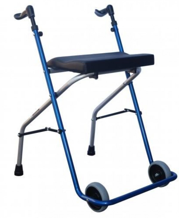 Klappbare Aluminium-Gehhilfe mit Rädern vorne und Sitz A5 und eine blaue Tragetasche