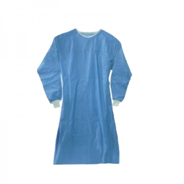 Steriles blaues Einwegkleid 68 Gramm: PSA der Klasse I, verstellbare Manschetten aus weißem Stoff und verstellbarer Rundhalsausschnitt mit Klettverschluss