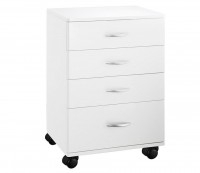 Handlicher weißer Holzwagen: Ausgestattet mit vier Schubladen und vier Rädern für mehr Mobilität Handlicher weißer Holzwagen: Ausgestattet mit vier Schubladen und vier Rädern für mehr Mobilität