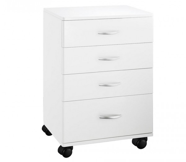 Handlicher weißer Holzwagen: Ausgestattet mit vier Schubladen und vier Rädern für mehr Mobilität Handlicher weißer Holzwagen: Ausgestattet mit vier Schubladen und vier Rädern für mehr Mobilität