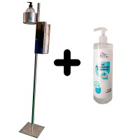 Vertikaler Hygienespender aus Stahl mit Gelhalter und Handschuhen oder Masken + freiem hydroalkoholischem Gel (500 ml)